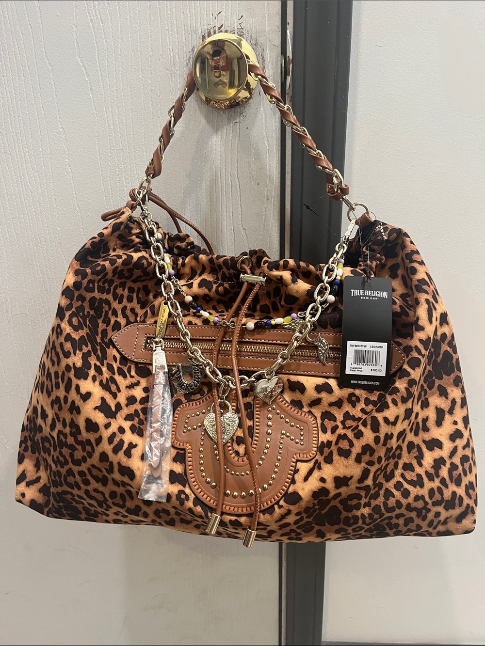 True Religion Leopard-Print Drawstring Shoulder Tote - Brown & Black